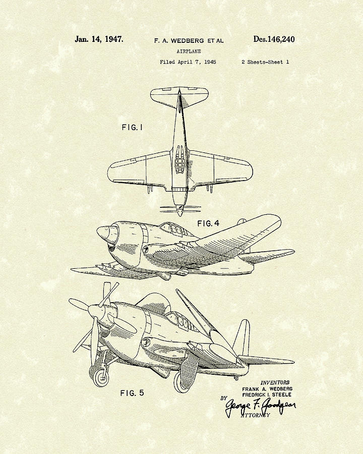 Airplane 1947 Patent Art Drawing by Prior Art Design