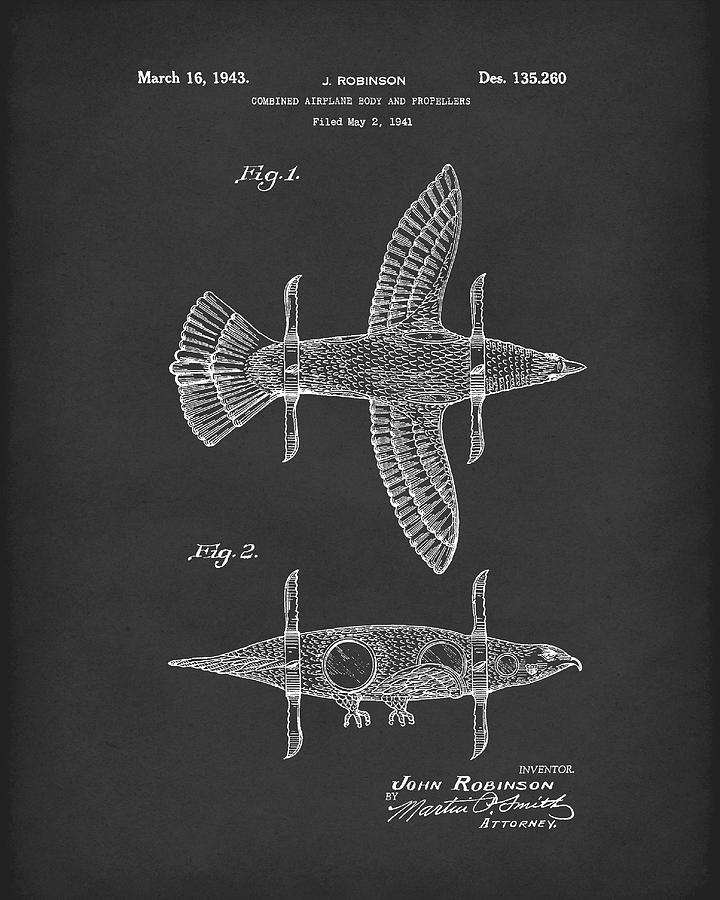 Airplane Bird Body Design 1943 Patent Art Black Drawing by Prior Art Design