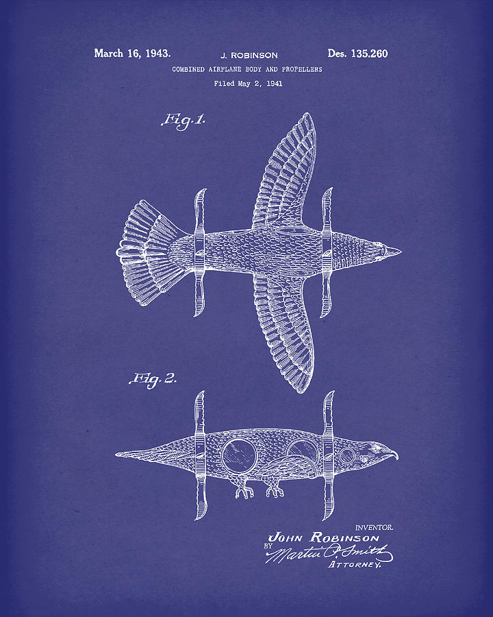 Airplane Bird Body Design 1943 Patent Art Blue Drawing by Prior Art Design
