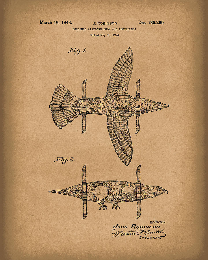 Airplane Bird Body Design 1943 Patent Art Brown Drawing by Prior Art Design