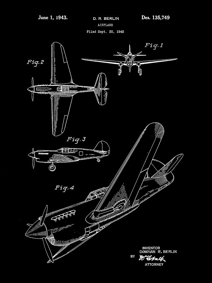 Airplane Patent 1942 - Black Digital Art by Stephen Younts