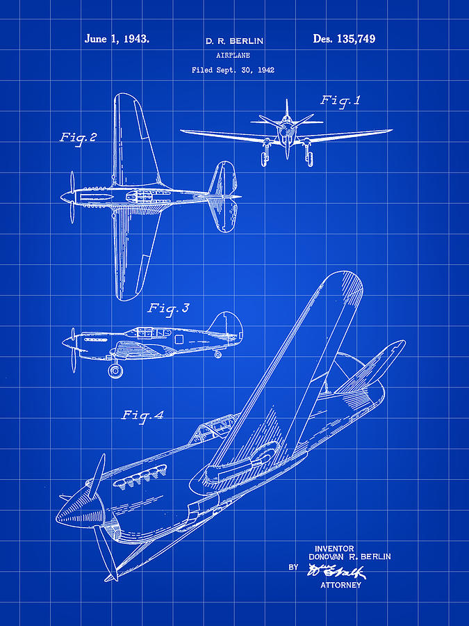 Airplane Patent 1942 - Blue Digital Art by Stephen Younts