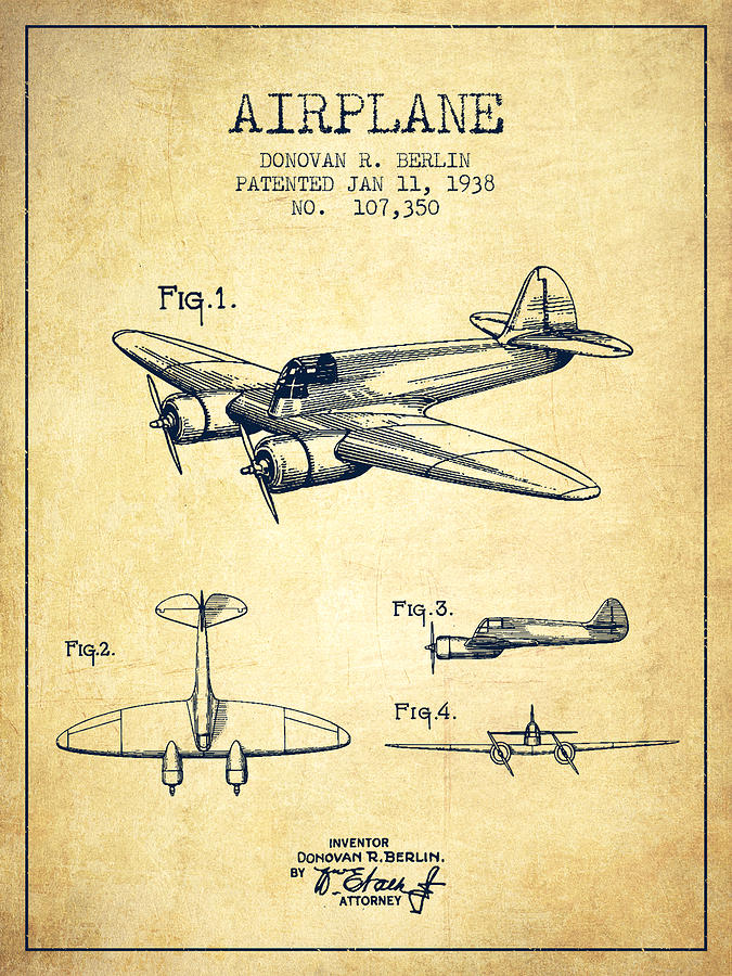 Airplane Patent Drawing From 1938-vintage Digital Art