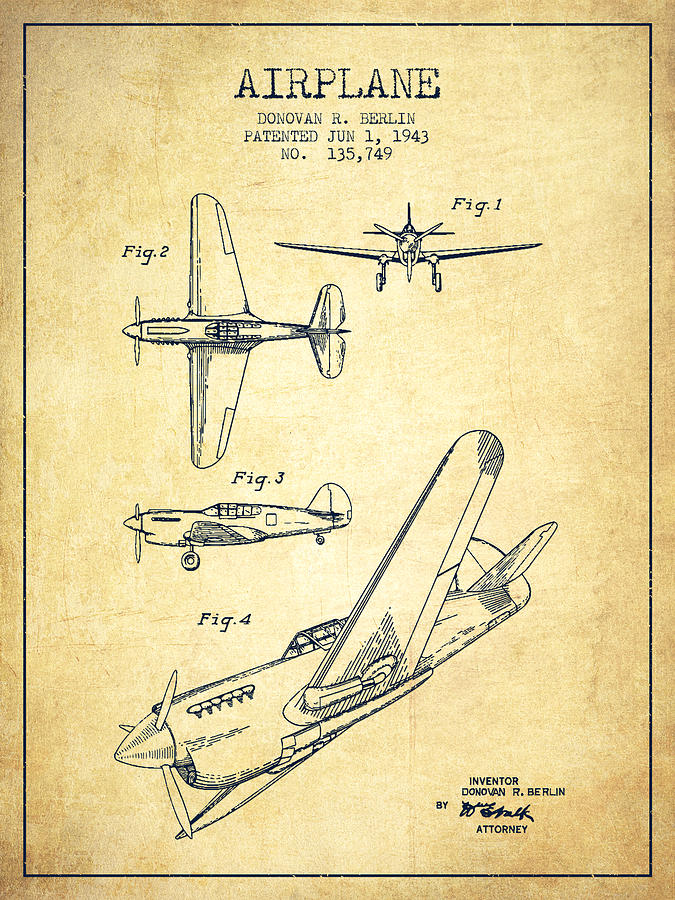 Airplane Patent Drawing From 1943-vintage Digital Art