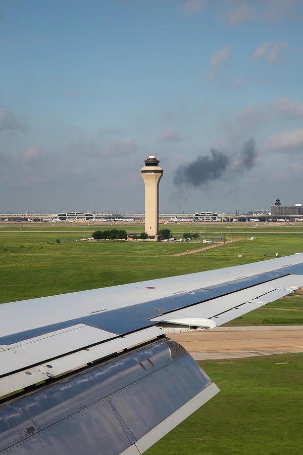 Airport Control Tower And Airplane Wing Photograph by Jim West