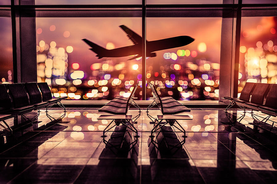 Airport Lounge and airplane take off in the city Photograph by LeoPatrizi