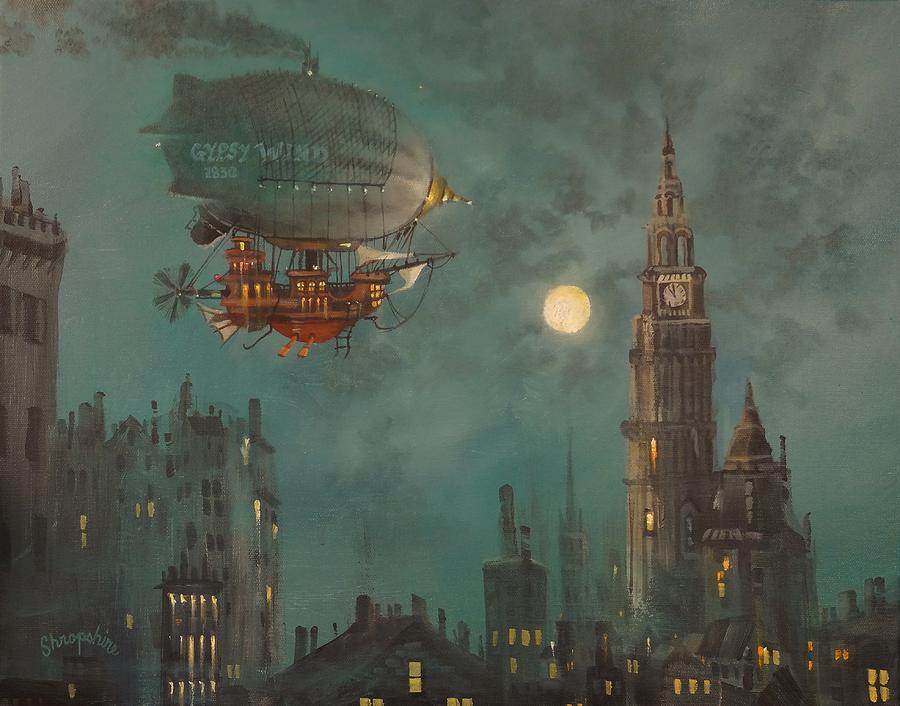 Airship by Moonlight Painting by Tom Shropshire