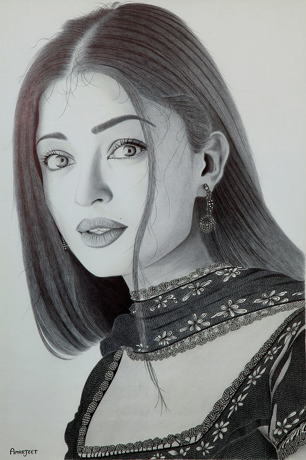 Aishwarya Rai Portrait Made By Ball Pen Drawing by Amarjeet Singh