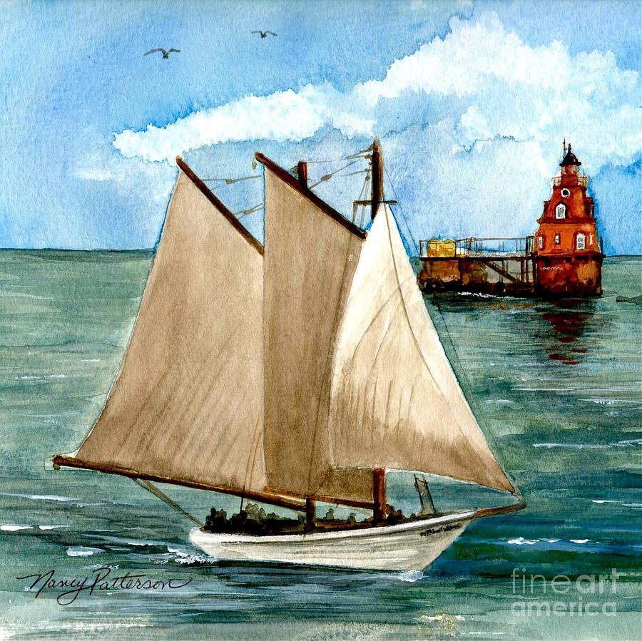 AJ Meerwald Passing Ship John Shoal Lighthouse Painting by Nancy Patterson