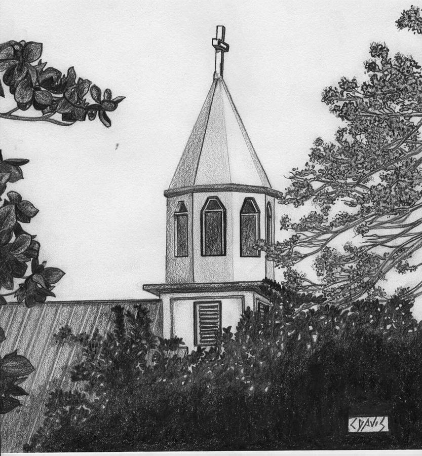 Church Drawing - Ajeltake Steeple by Lew Davis