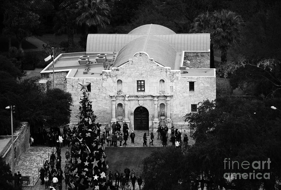 Alamo Entrance High Angle View at Christmas in San Antonio Texas Black and White Photograph by Shawn OBrien
