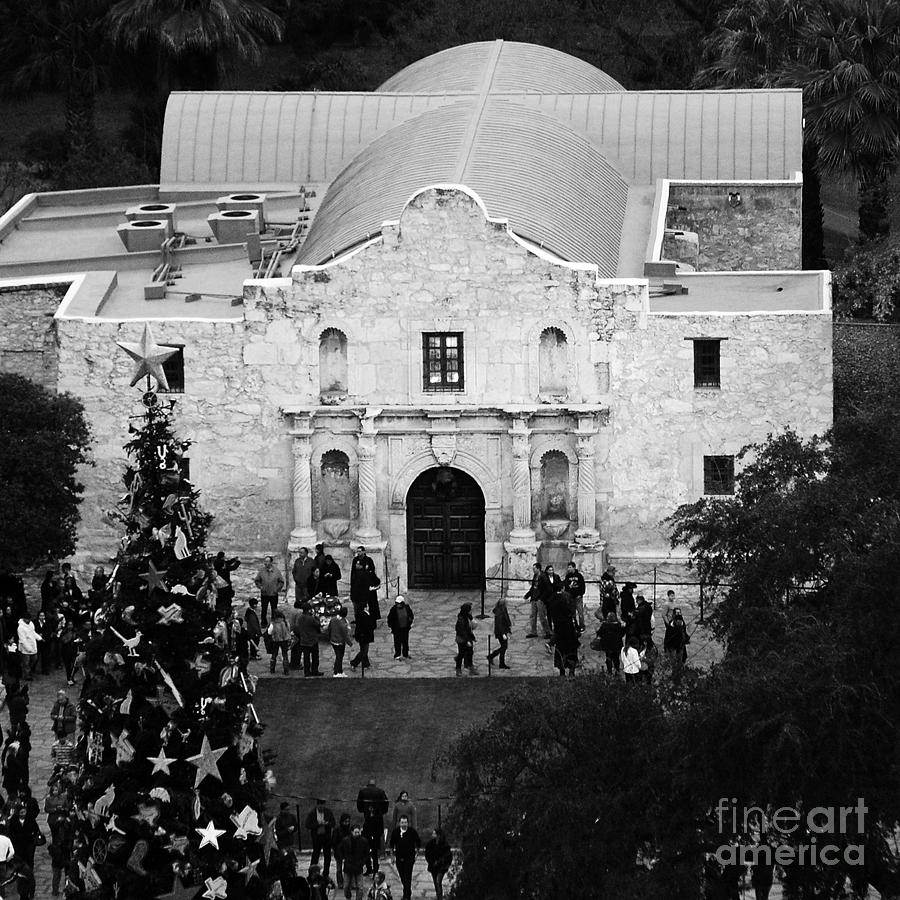 Alamo Entrance High Angle View at Christmas in San Antonio Texas Black and White Square Format Photograph by Shawn OBrien