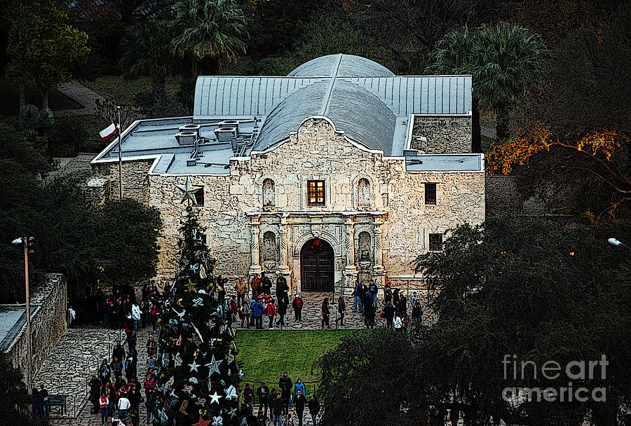 Alamo Entrance High Angle View at Christmas in San Antonio Texas Poster Edges Digital Art Digital Art by Shawn OBrien