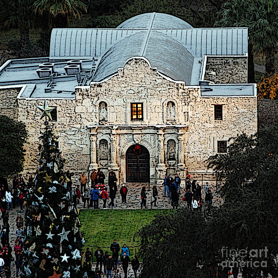 Alamo Entrance High Angle View at Christmas in San Antonio Texas Square Format Poster Edges Digital  Digital Art by Shawn OBrien