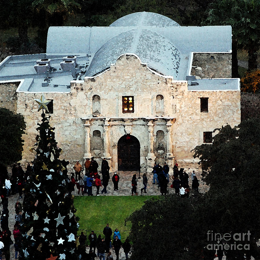 Alamo Entrance High Angle View at Christmas in San Antonio Texas Square Format Watercolor Digital Ar Digital Art by Shawn OBrien
