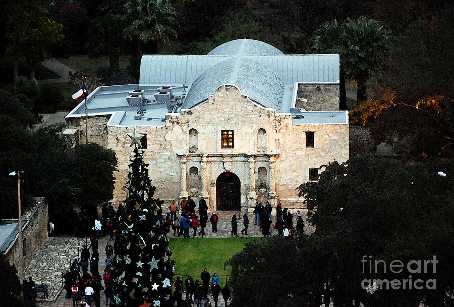 Alamo Entrance High Angle View at Christmas in San Antonio Texas Watercolor Digital Art Digital Art by Shawn OBrien