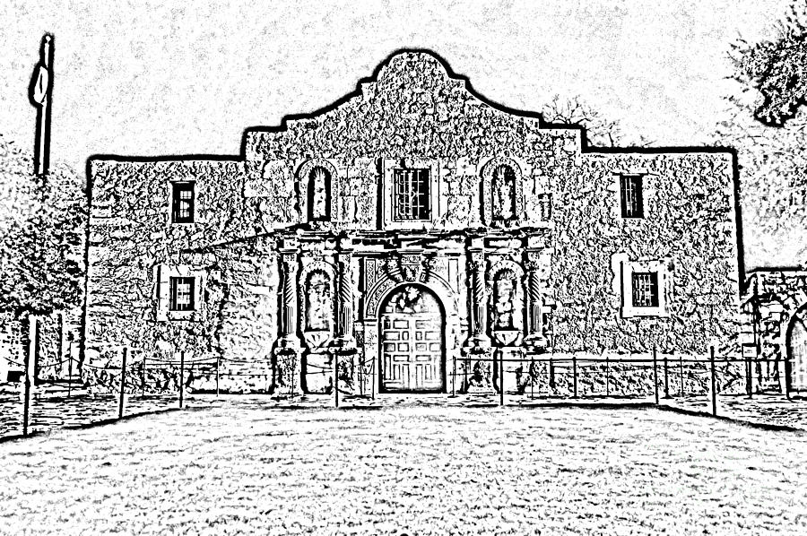 Alamo Mission Entrance Front Profile at Night in San Antonio Texas Black and White Digital Art Digital Art by Shawn OBrien