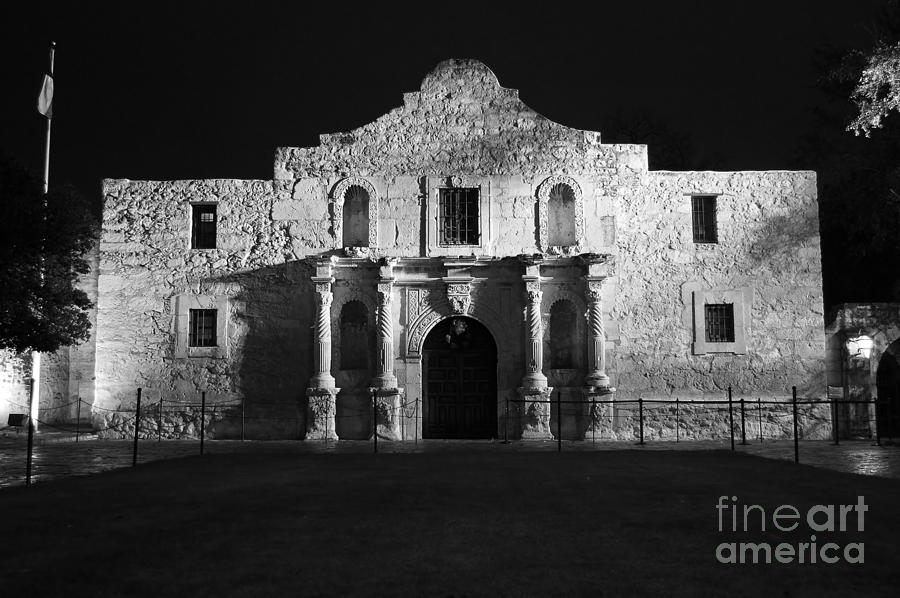 Alamo Mission Entrance Front Profile at Night in San Antonio Texas Black and White Photograph by Shawn OBrien