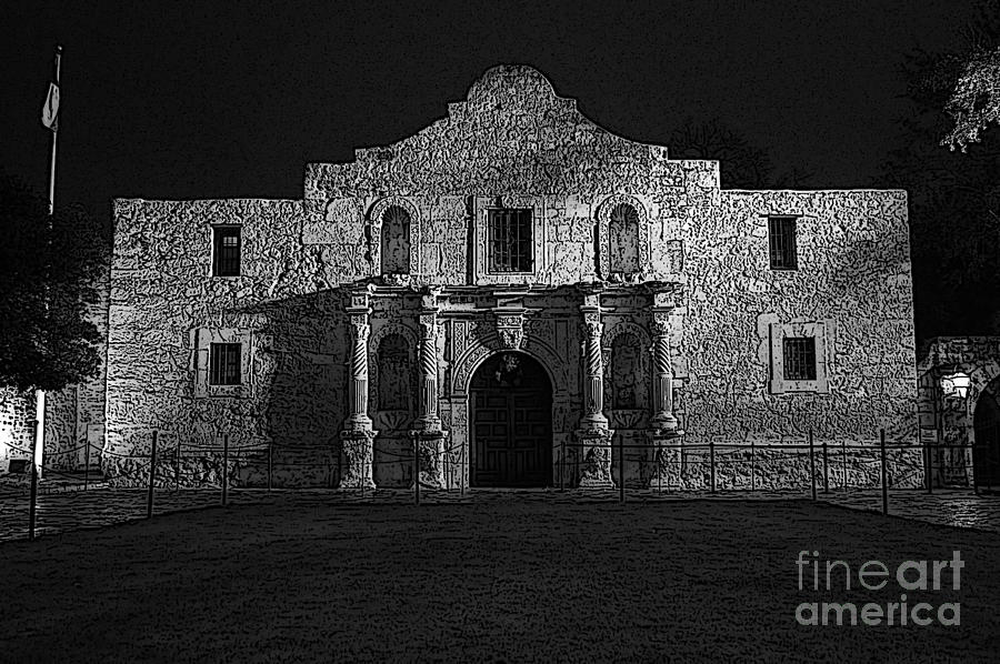 Alamo Mission Entrance Front Profile at Night in San Antonio Texas BW Poster Edges Digital Art Digital Art by Shawn OBrien