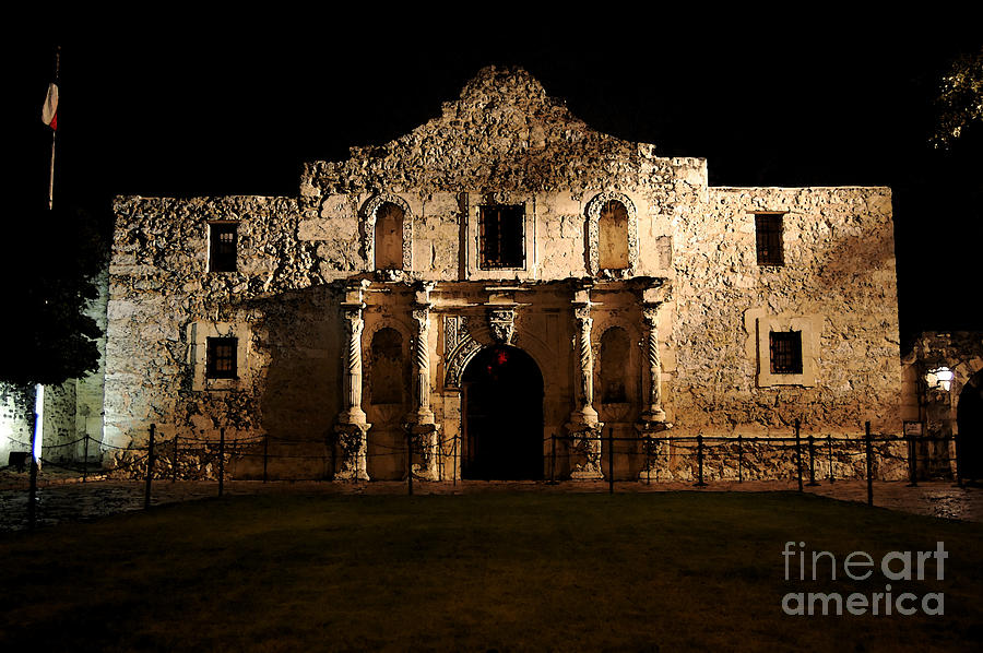 Alamo Mission Entrance Front Profile at Night in San Antonio Texas Watercolor Digial Art Photograph by Shawn OBrien