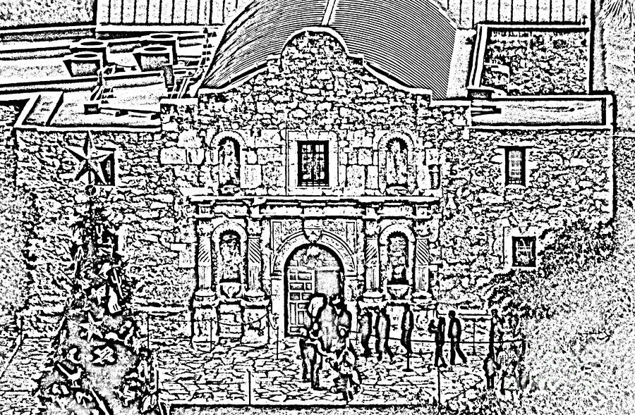 Alamo Mission Entrance High Angle View at Christmas in San Antonio Texas Black and White Digital Art Digital Art by Shawn OBrien