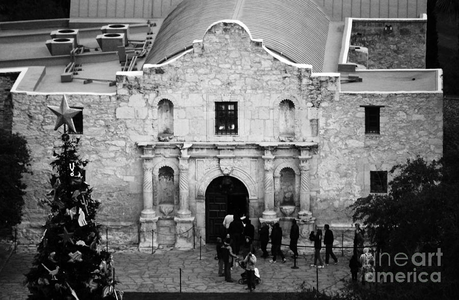 Alamo Mission Entrance High Angle View at Christmas in San Antonio Texas Black and White Photograph by Shawn OBrien