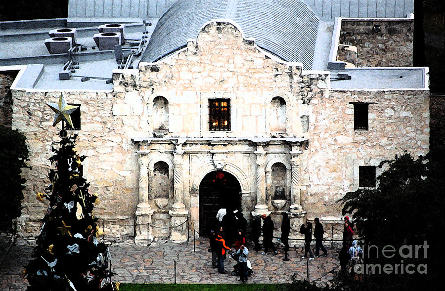 Alamo Mission Entrance High Angle View at Christmas in San Antonio Texas Fresco Digital Art Digital Art by Shawn OBrien