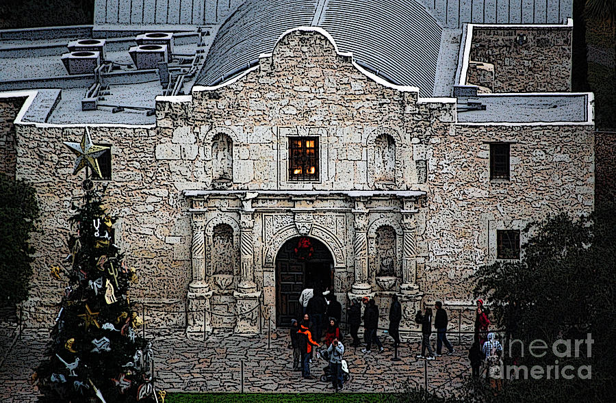 Alamo Mission Entrance High Angle View at Christmas in San Antonio Texas Poster Edges Digital Art Digital Art by Shawn OBrien