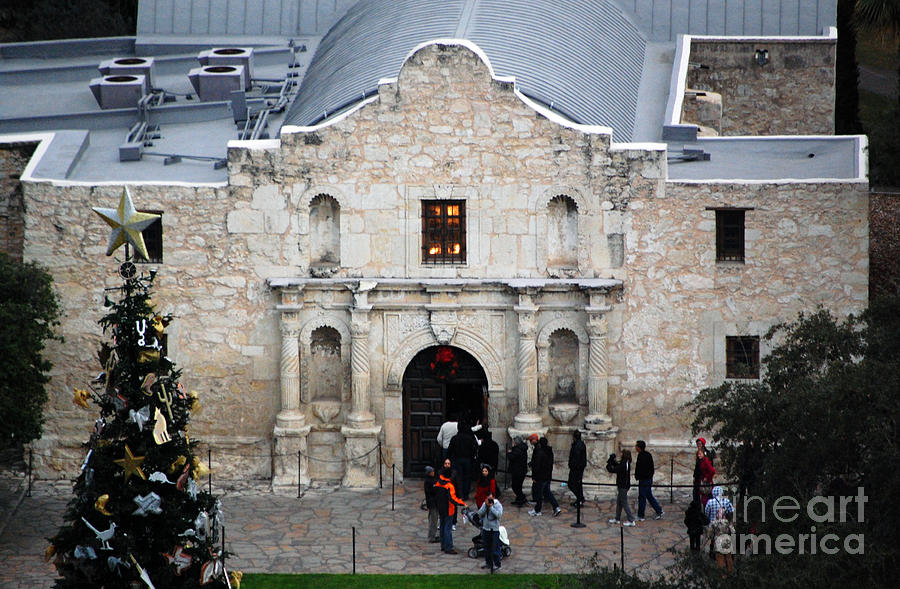 Alamo Mission Entrance High Angle View at Christmas in San Antonio Texas Photograph by Shawn OBrien
