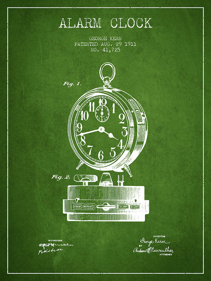 Watch Still Life Digital Art - Alarm Clock Patent from 1911 - Green by Aged Pixel
