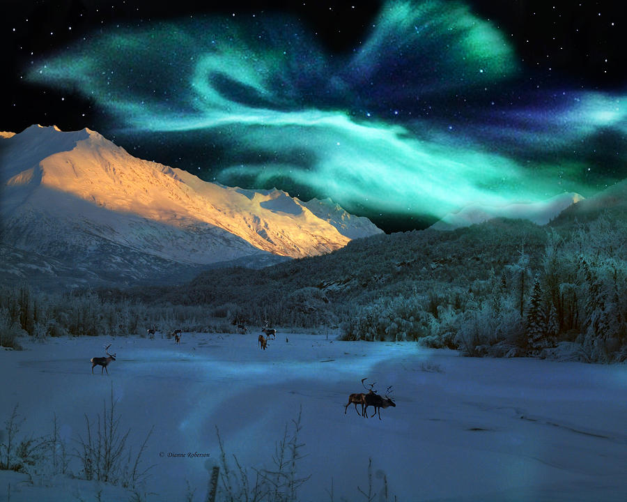 Alaska Aurora Caribou Herd Da Digital Art By Dianne Roberson