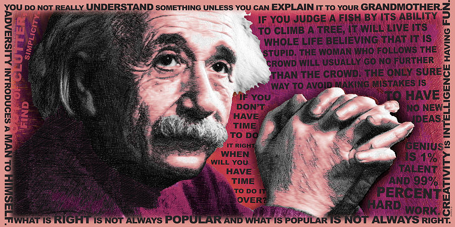 Albert Einstein Painting - Albert Einstein and Quotes Red by Tony Rubino