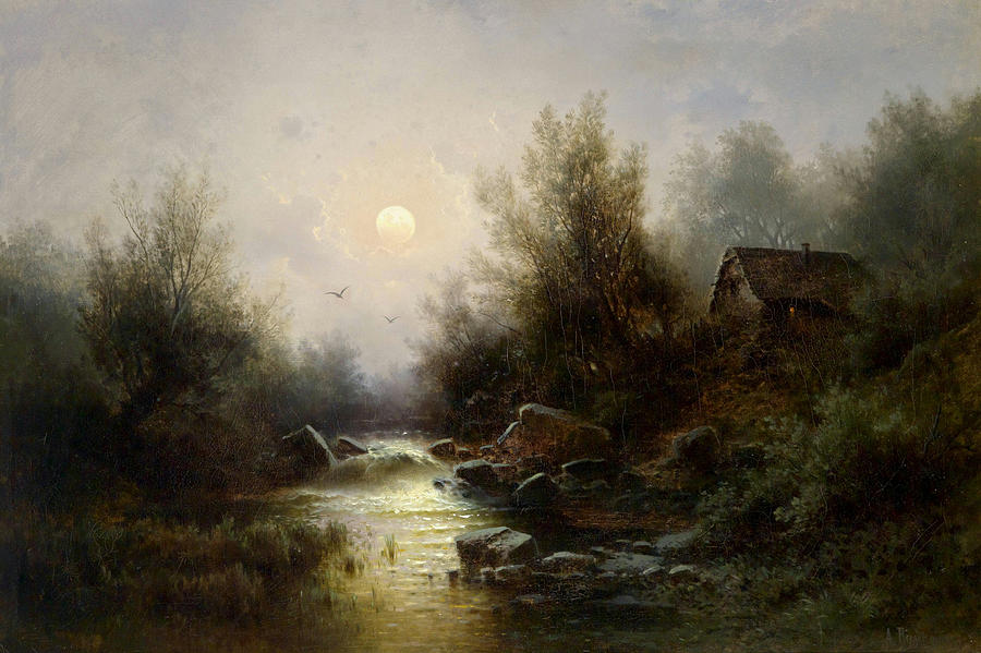 River Landscape Moonlit Night near Brixen Painting by ...