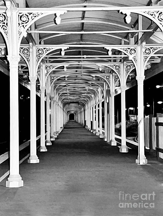 Black And White Photograph - Albury Station - Long Undercover Platform by Kaye Menner