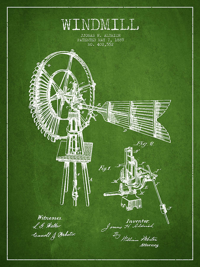 Vintage Digital Art - Aldrich Windmill Patent Drawing From 1889 - Green by Aged Pixel