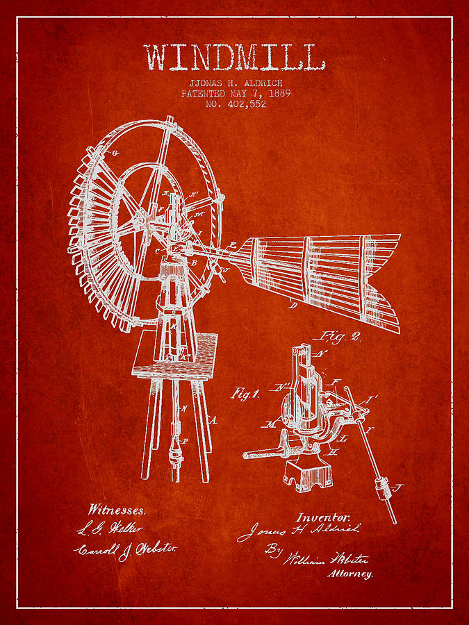 Vintage Digital Art - Aldrich Windmill Patent Drawing From 1889 - Red by Aged Pixel
