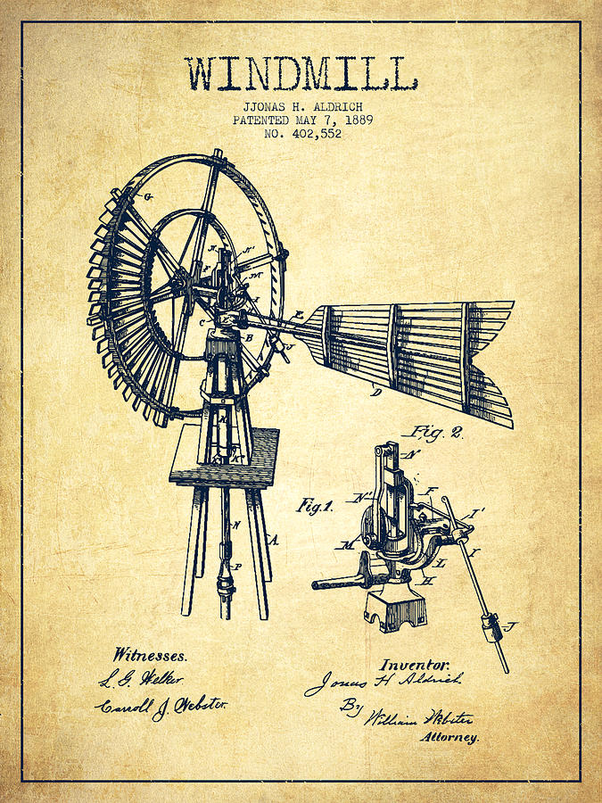 Vintage Digital Art - Aldrich Windmill Patent Drawing From 1889 - Vintage by Aged Pixel