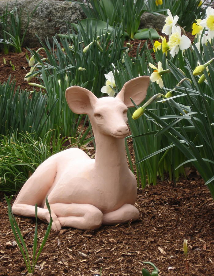 Deer Sculpture - Alert Fawn in the Daffodils by Deborah Dendler