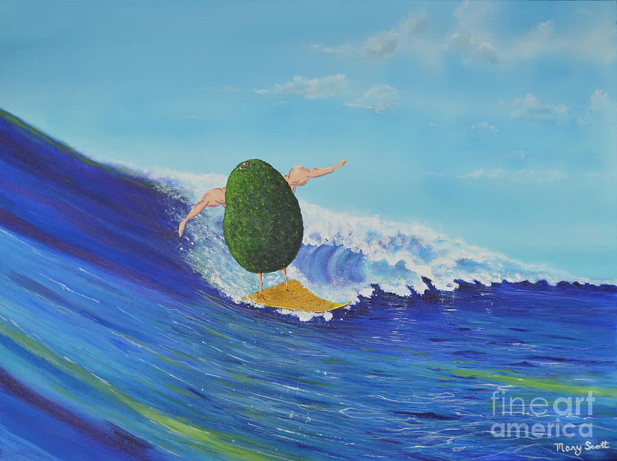 Alex the Surfing Avocado Painting by Mary Scott