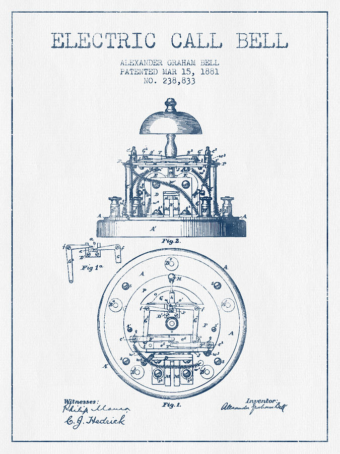 Vintage Drawing - Alexander Graham Bell Electric Call Bell Patent from 1881 - Blue by Aged Pixel