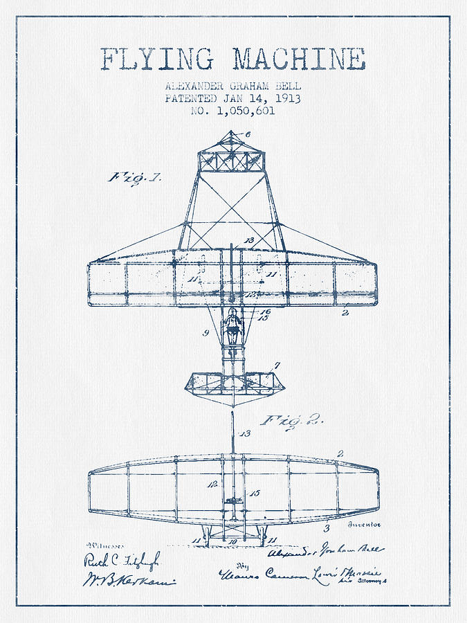 Vintage Drawing - Alexander Graham Bell Flying Machine Patent from 1913 - Blue Ink by Aged Pixel