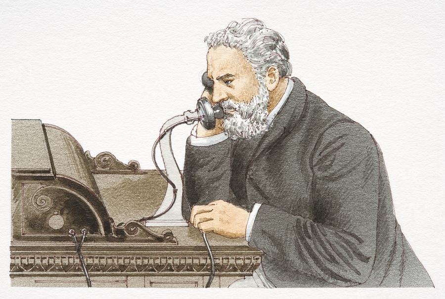 Alexander Graham Bell speaking 1876 Bell telephone, side view. Drawing by Dorling Kindersley