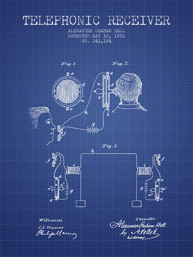 Vintage Digital Art - Alexander Graham Bell Telephonic Receiver Patent from 1881- Blue by Aged Pixel