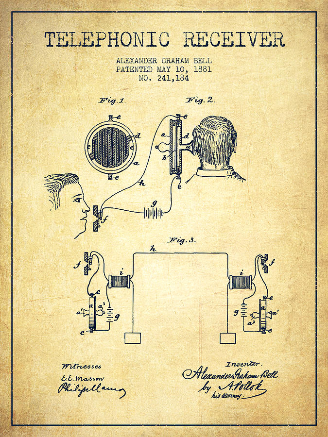 Vintage Drawing - Alexander Graham Bell Telephonic Receiver Patent from 1881- Vint by Aged Pixel