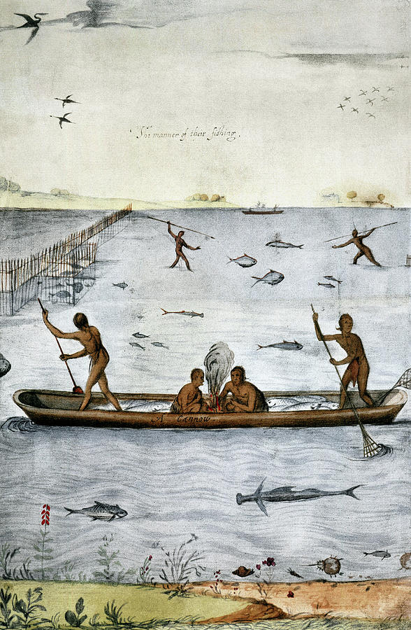 Algonquian Fishing, 1585 Drawing by Granger