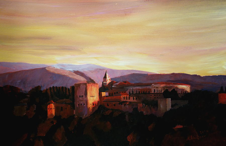 Alhambra Painting - Alhambra Granada Spain with snow covered Mountains from Albaicin by M Bleichner