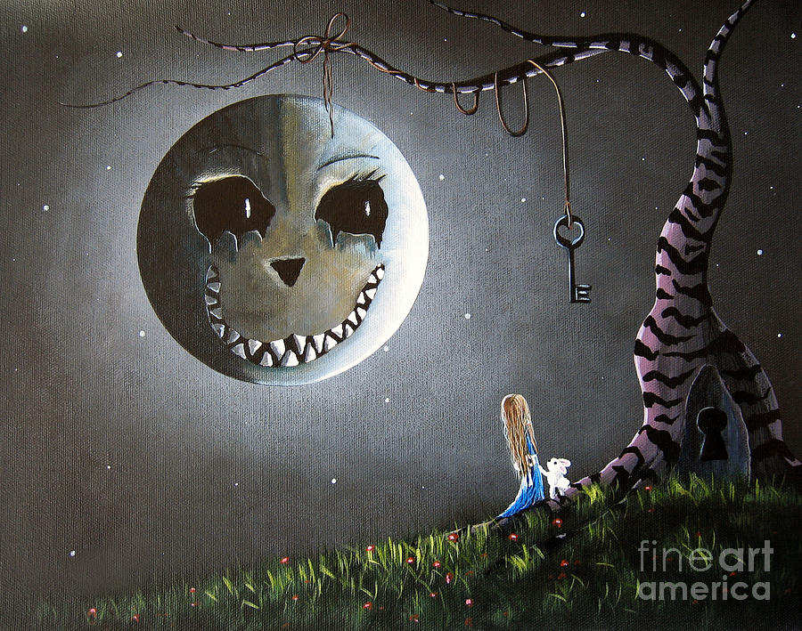Fantasy Painting - Alice In Wonderland Original Artwork - Alice And The Cheshire Moon by Moonlight Art Parlour