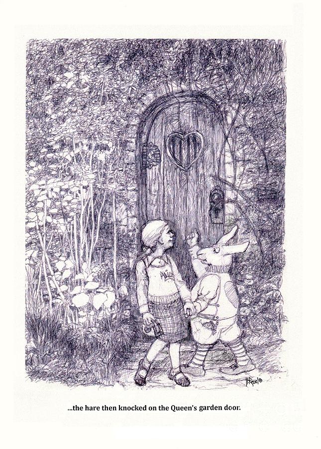 Fantasy Drawing - Alice and the Hare at the Queens garden gate by Herb Russel