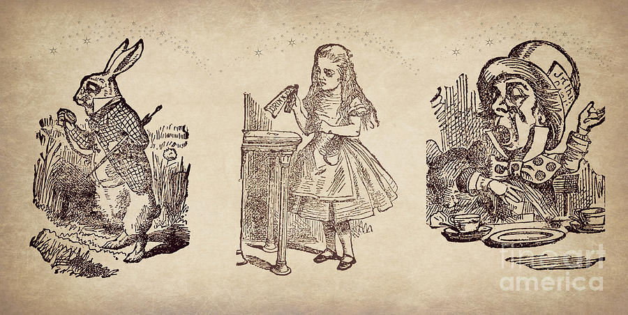 Digital Collage Sheet Mad Hatter Lewis Carroll Instant Download Victorian Textured Alice in Wonderland 1x2 Dominoes White Rabbit