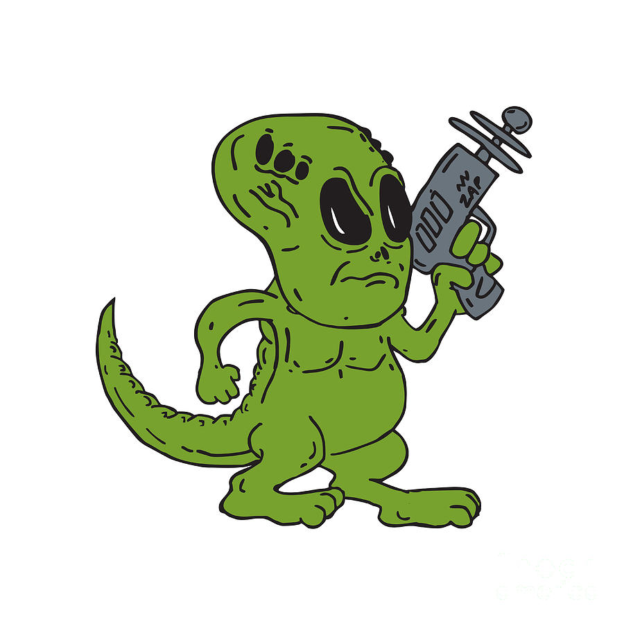 Dinosaur Digital Art - Alien Dinosaur Holding Ray Gun Cartoon by Aloysius Patrimonio
